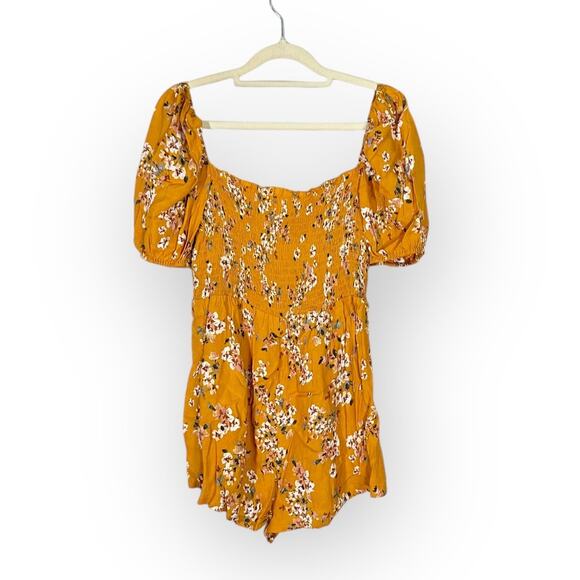 Flynn Skye Justine Romper Women's Medium Orange Floral Puff Sleeve Smocked RTR - Picture 3 of 11